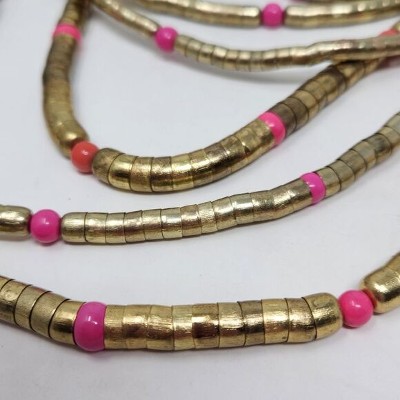 CHICOS Long Layered Geometric Chunky Necklace Pink Antique Gold Earrings Set - Picture 2 of 7